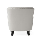 Fauteuil club moderne gris clair en tissu avec ottoman assorti, fauteuil confortable avec coussins et design élégant.