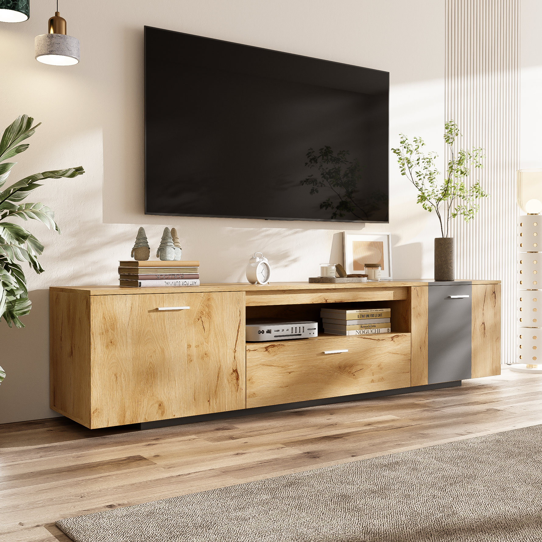 Meuble TV moderne de 70 pouces de la marque eprolo avec espace de rangement en bois clair et design contemporain.