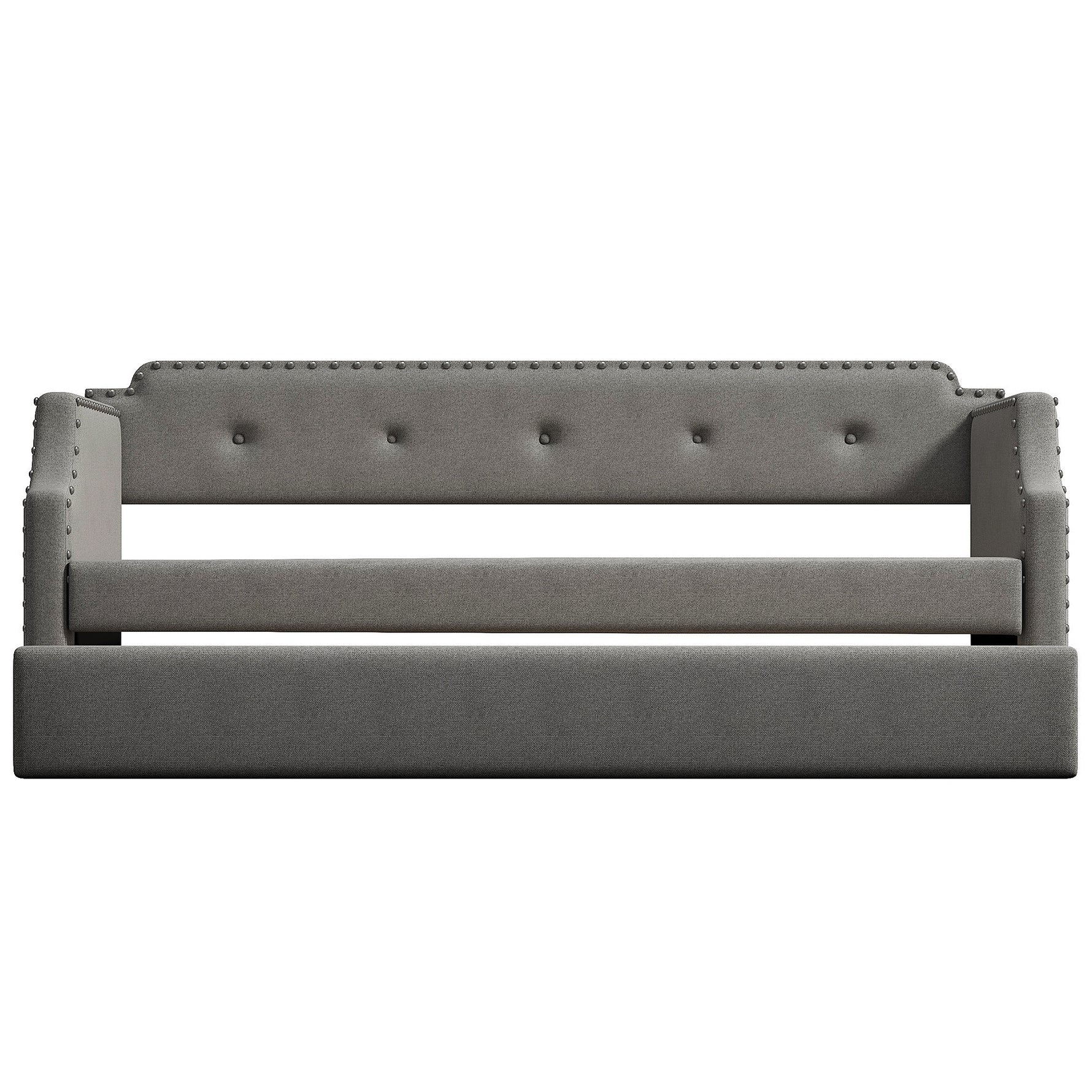 Canapé-lit rembourré avec tiroir de rangement, style moderne, par eprolo, visible avec coussins et structure en tissu beige.
