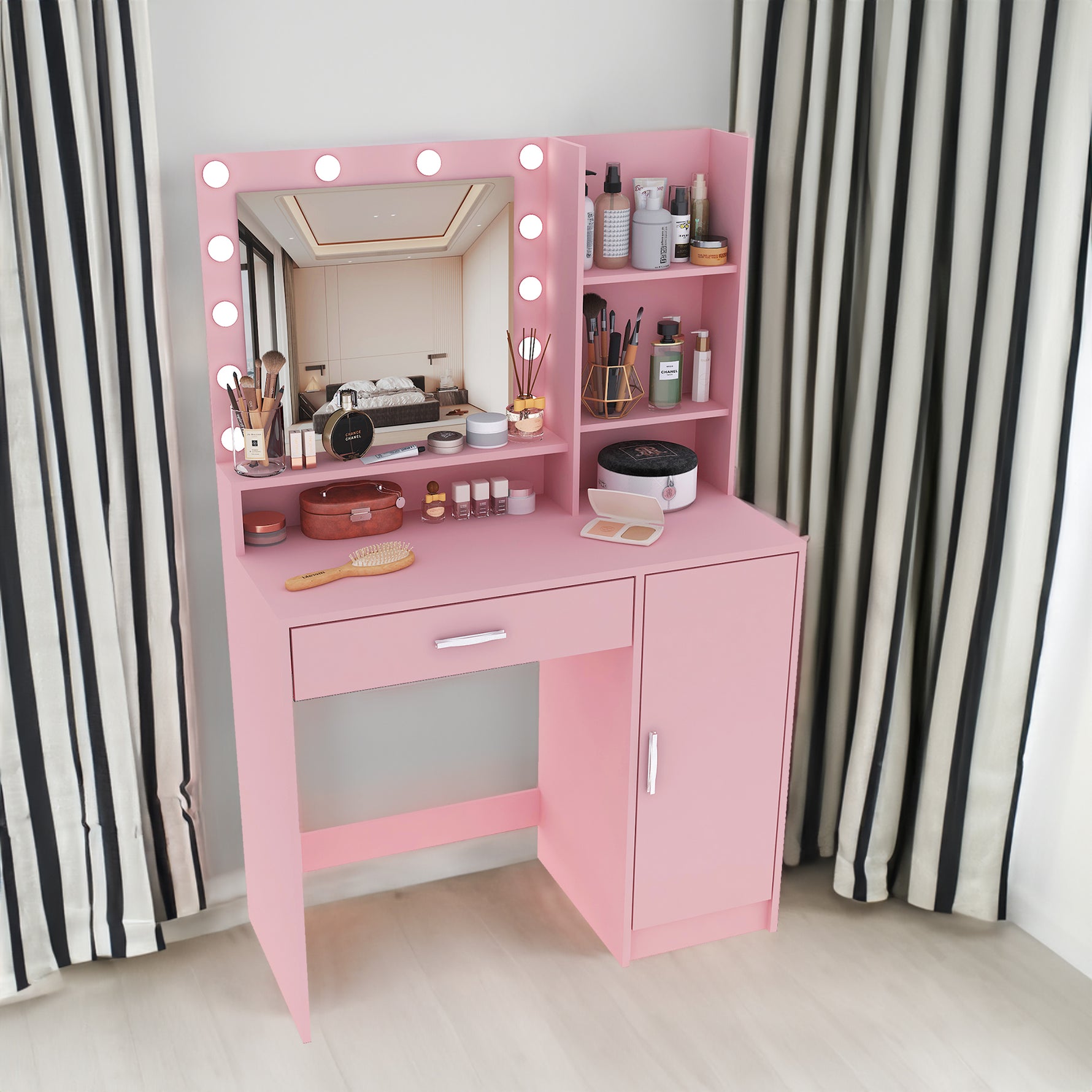 Bureau de maquillage eprolo avec miroir intégré et éclairage, surface élégante pour appliquer le maquillage.