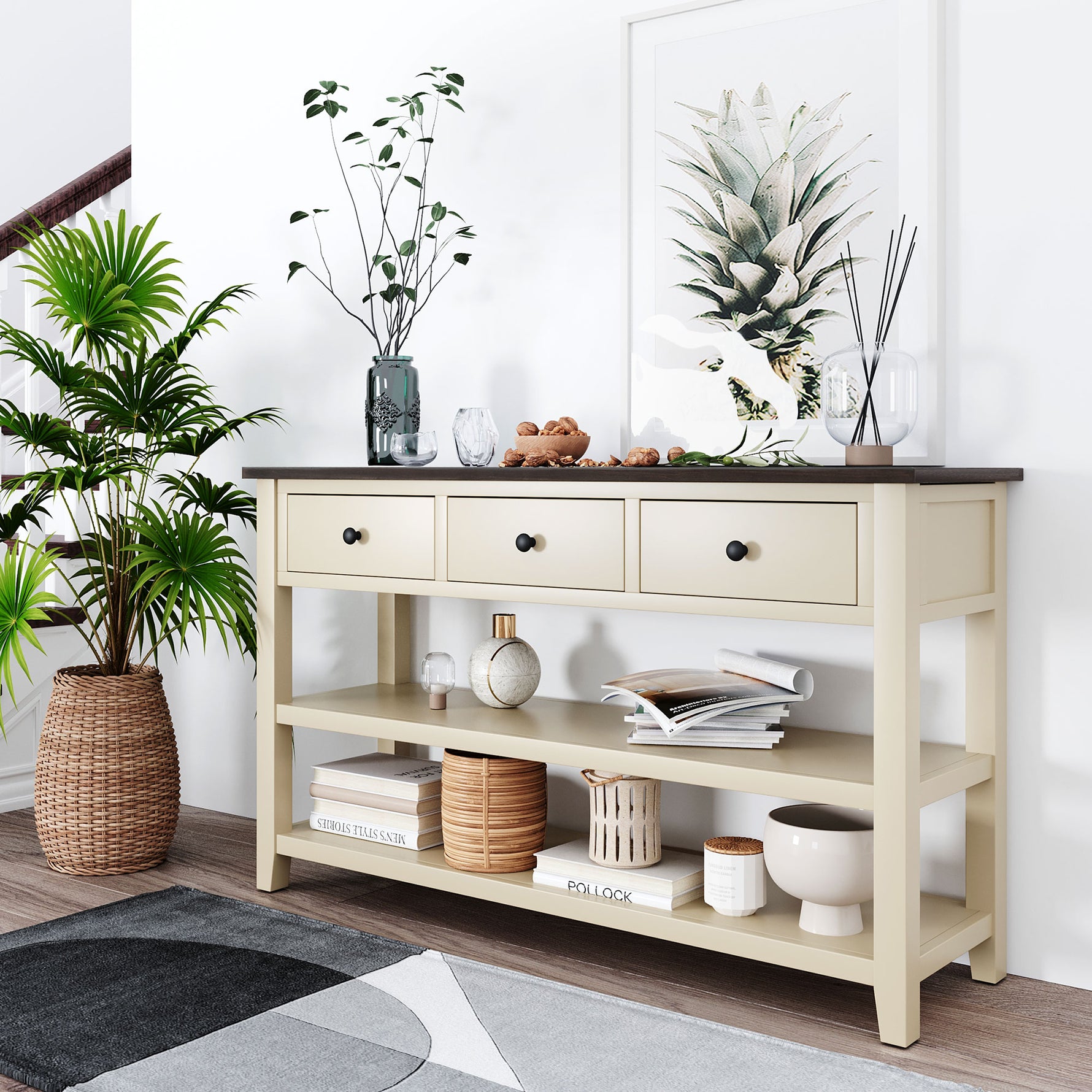 Console rétro eprolo en bois de pin massif avec deux étagères ouvertes, cadre en bois et finition espresso et beige.