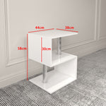 Table basse S en 3 couches eprolo avec finition brillante, espace de rangement ouvert, ports USB et éclairage LED blanc.