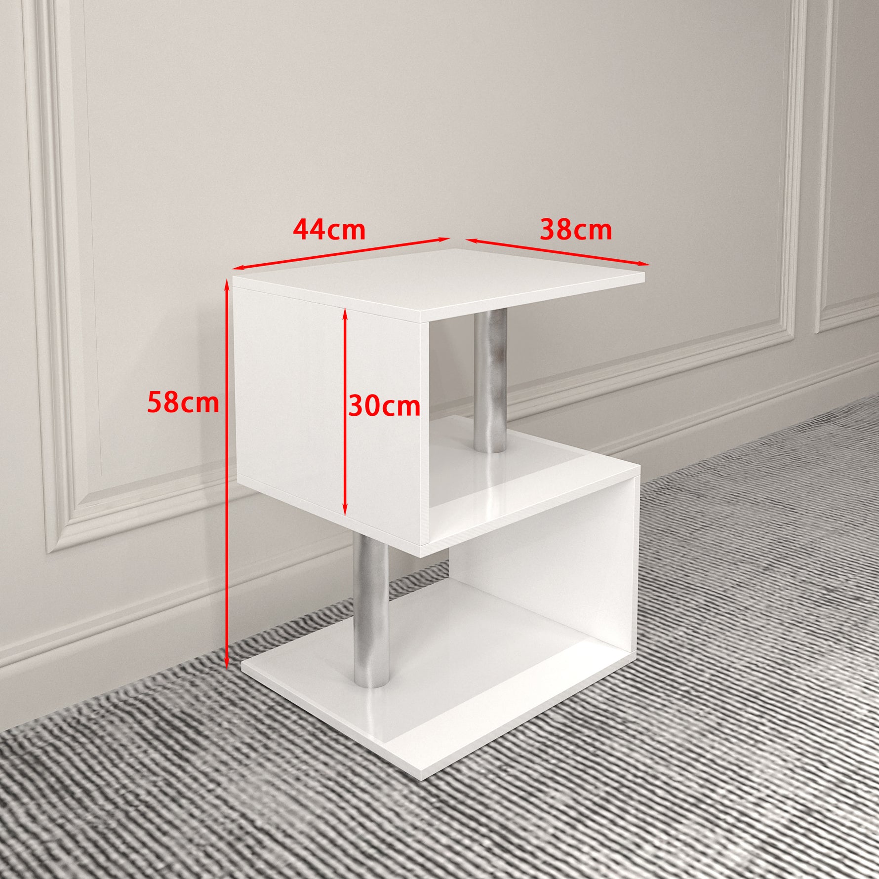 Table basse S en 3 couches eprolo avec finition brillante, espace de rangement ouvert, ports USB et éclairage LED blanc.