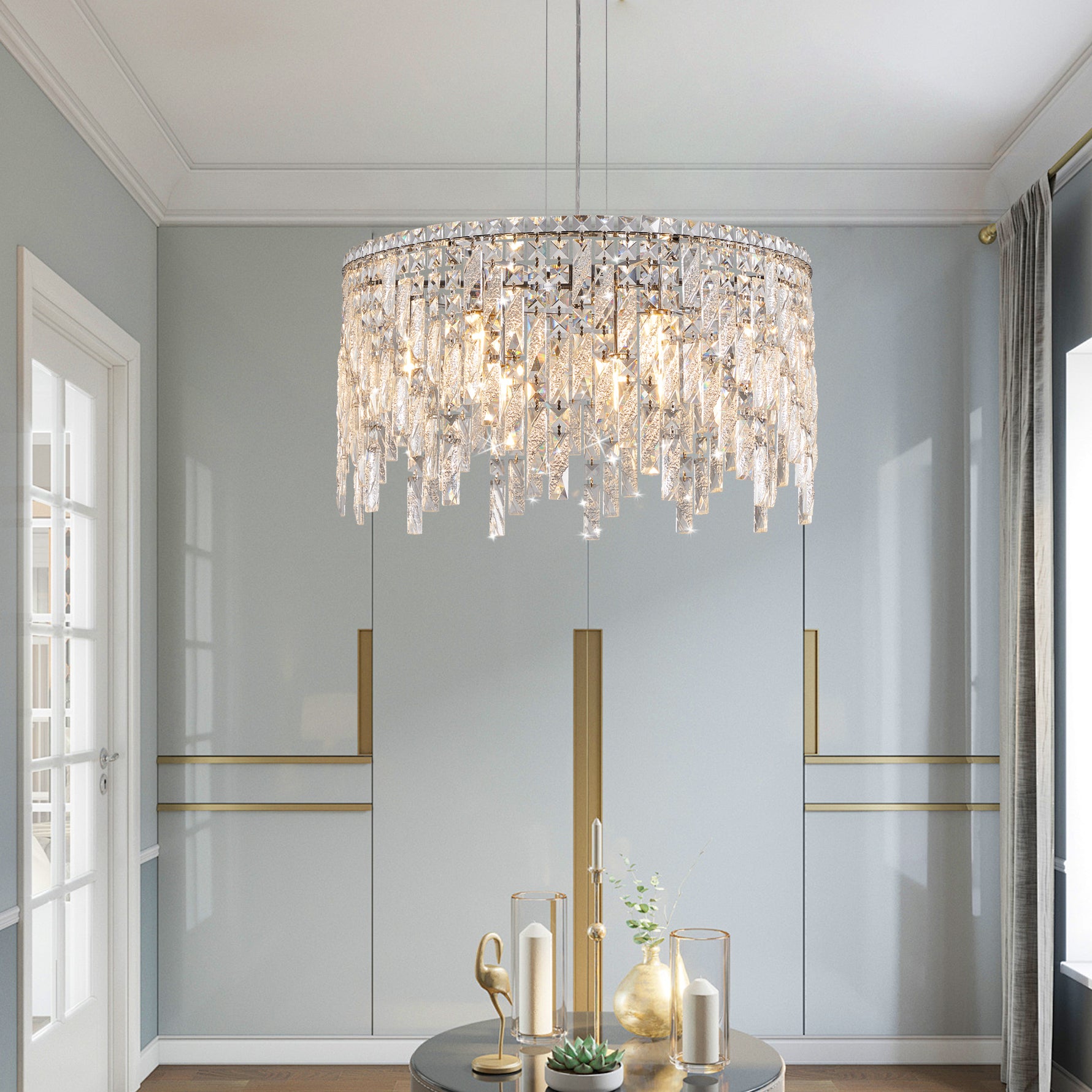 Lustre rond en cristal argenté de luxe eprolo, chandelier décoratif avec pendentifs en cristal brillant, élégant et moderne.