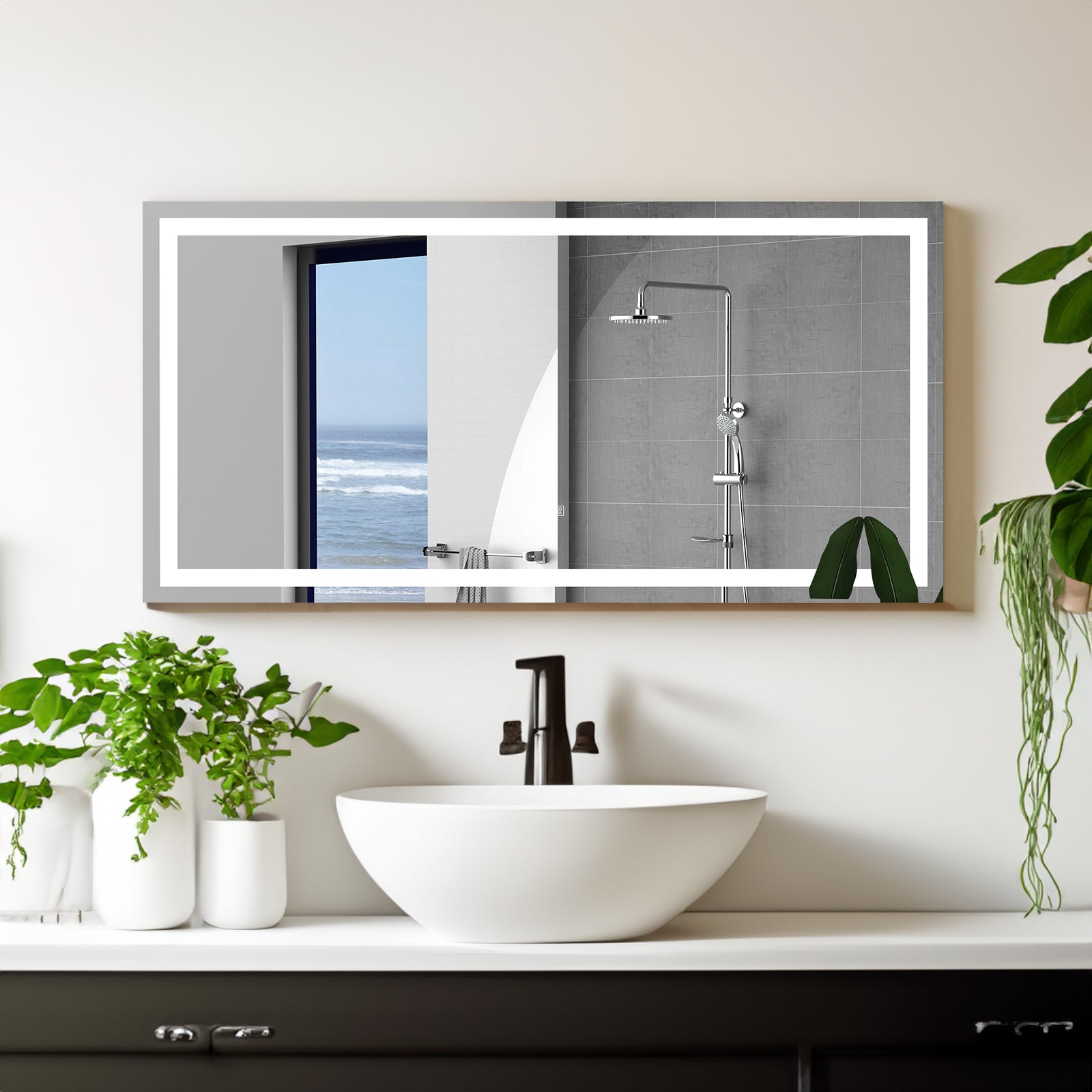 Miroir de salle de bain LED anti-buée et dimmable de 72"×36" avec éclairage moderne, marque eprolo.