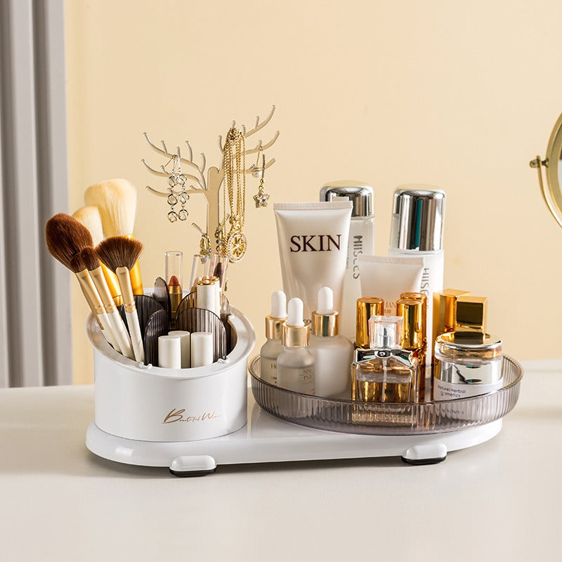 Boîte de rangement cosmétique eprolo avec compartiments pour bijoux, pinceaux maquillage, rouges à lèvres et crayons à sourcils.