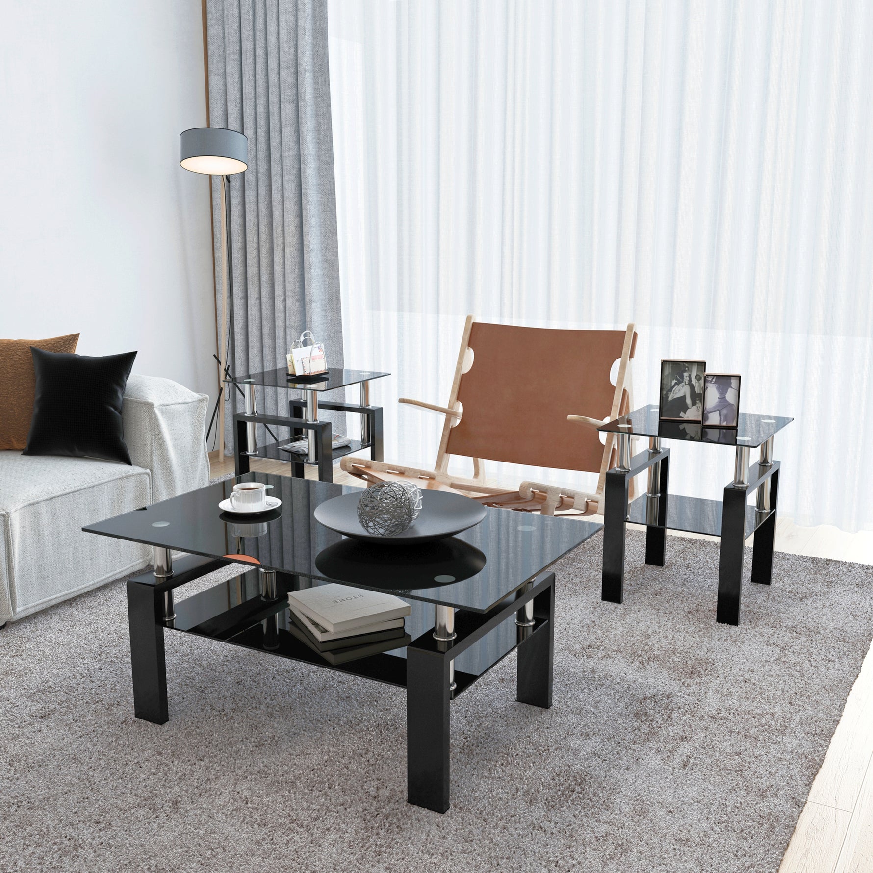 Set de 2 tables basses en verre trempé noir, tables de salon modernes carrées pour le salon, par eprolo.