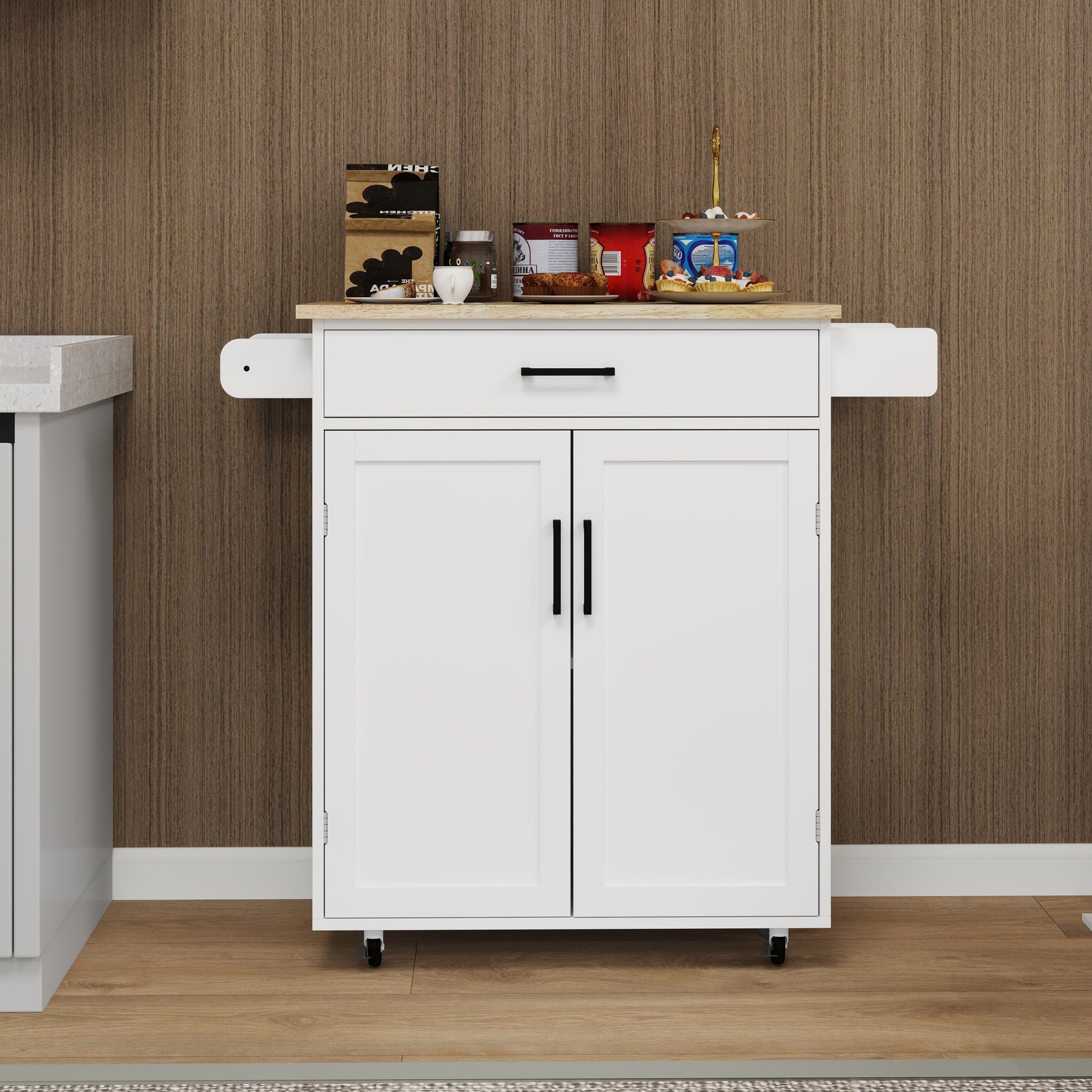 Mobilier d'entrée eprolo, îlot de cuisine roulant avec tiroir, portes, étagères ajustables et porte-serviettes, pour rangement pratique.