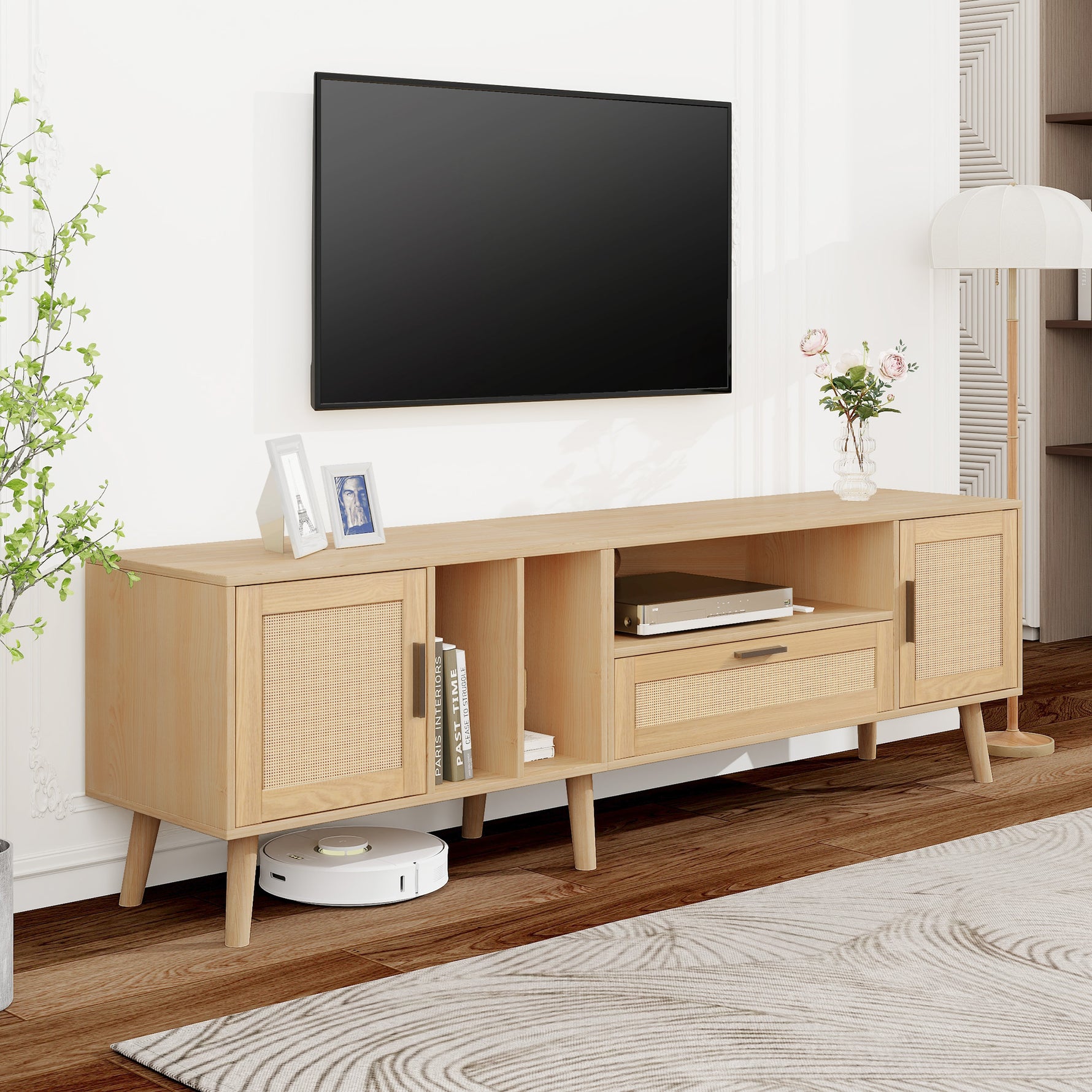 Support TV en bois eprolo Vine, meuble moderne pour télévision avec espace de rangement, finition élégante et design minimaliste.
