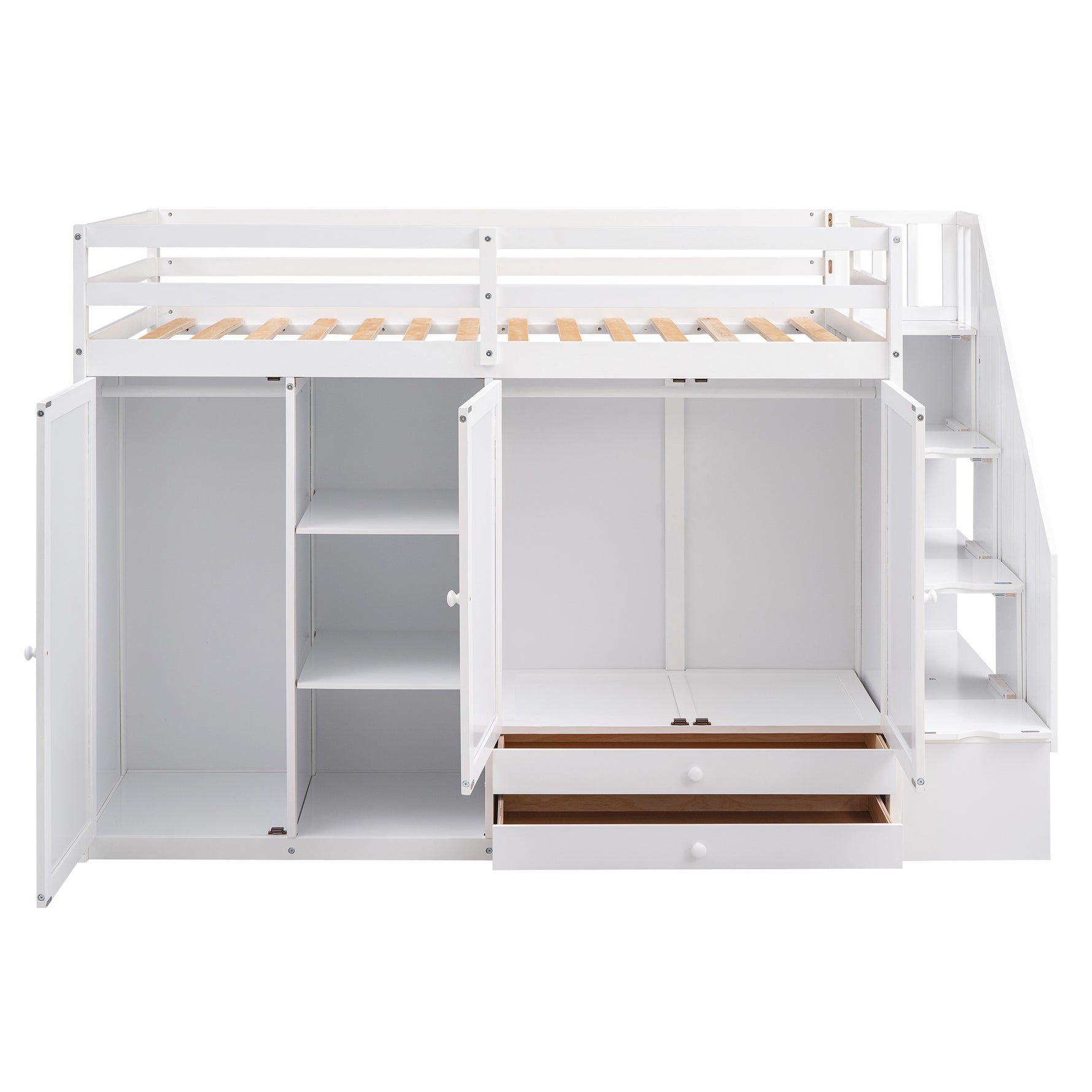 Lit mezzanine fonctionnel eprolo blanc avec 3 étagères, 2 armoires, 2 tiroirs et échelle avec rangement, sans sommier.