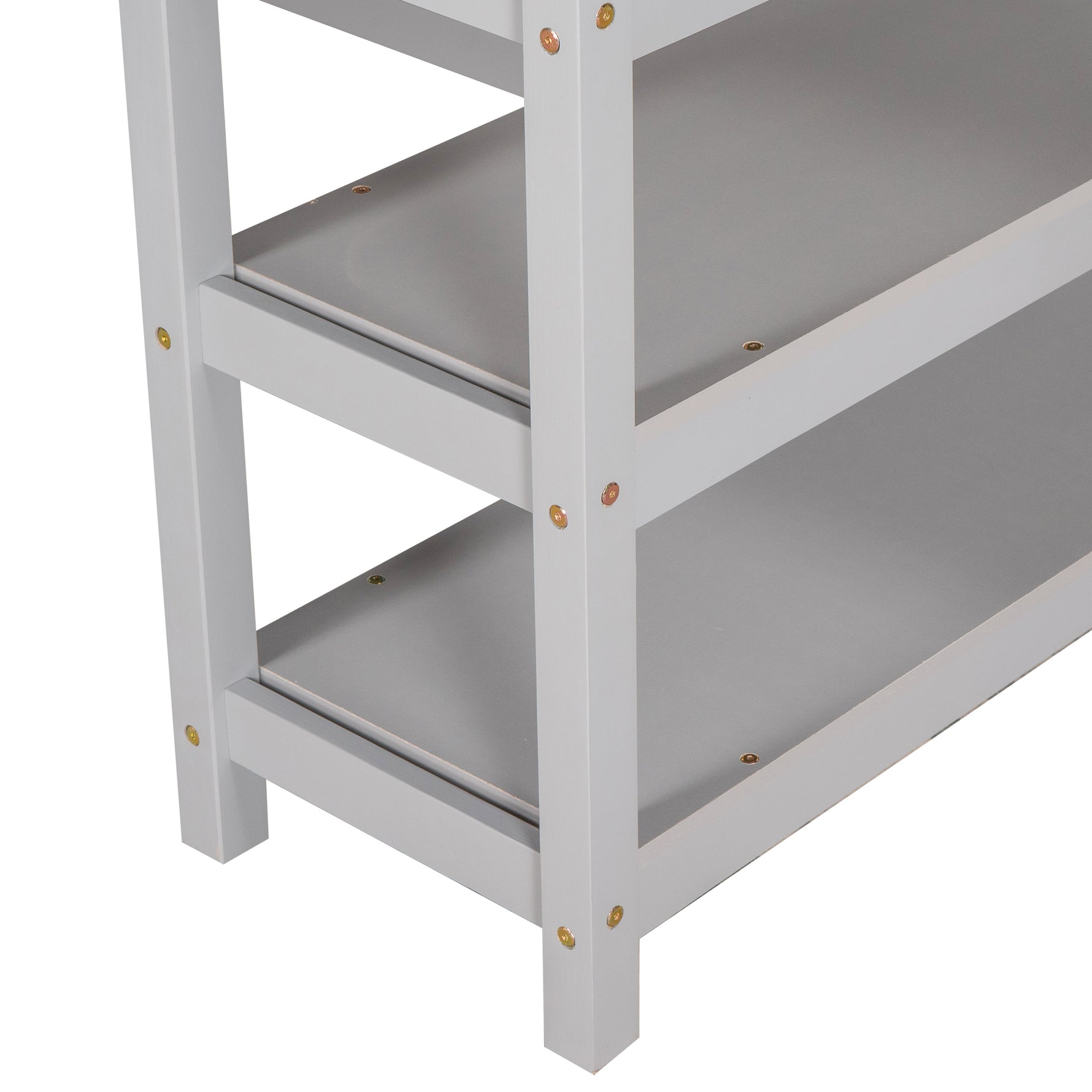 Lit mezzanine double avec rangements, étagères, bureau sous le lit en gris, par eprolo, vue de l'angle montrant le mobilier complet.