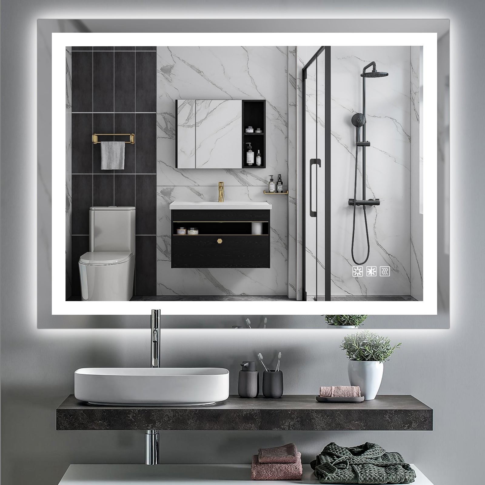 Miroir de salle de bain LED eprolo 48x36 pouces avec éclairage, anti-buée et fonction de gradation.