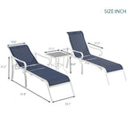 Ensemble de 3 chaises extérieures eprolo en acier blanc et bleu avec dossiers réglables et assises confortables.
