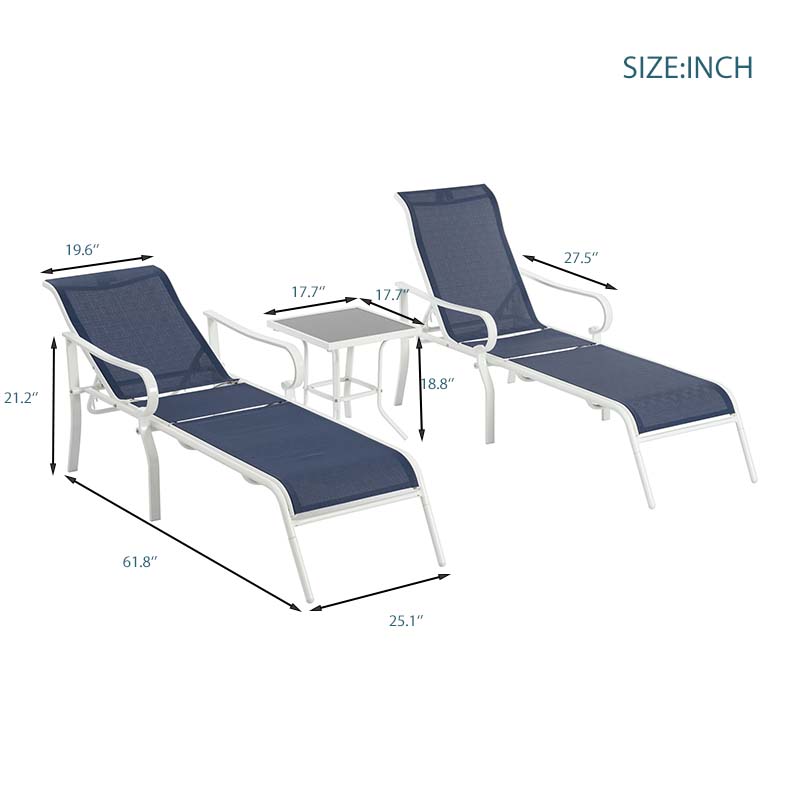 Ensemble de 3 chaises extérieures eprolo en acier blanc et bleu avec dossiers réglables et assises confortables.