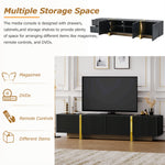 Meuble TV luxueux en noir avec rangements, pour téléviseurs jusqu'à 80'', design moderne et élégant, avec armoires et tiroirs.