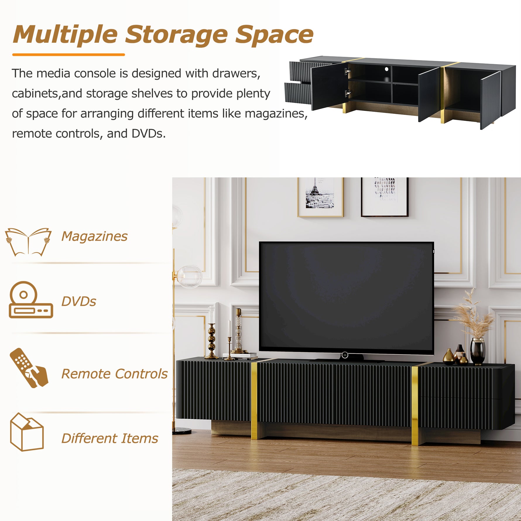 Meuble TV luxueux en noir avec rangements, pour téléviseurs jusqu'à 80'', design moderne et élégant, avec armoires et tiroirs.
