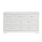 Commode blanche moderne à 3 tiroirs avec 7 tiroirs, poignées en métal, organisée pour chambre, dimensions 47,6" x 15,7" x 26,6".