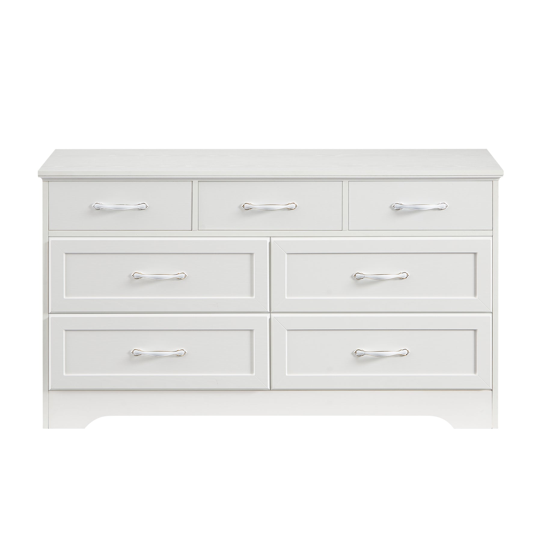 Commode blanche moderne à 3 tiroirs avec 7 tiroirs, poignées en métal, organisée pour chambre, dimensions 47,6" x 15,7" x 26,6".
