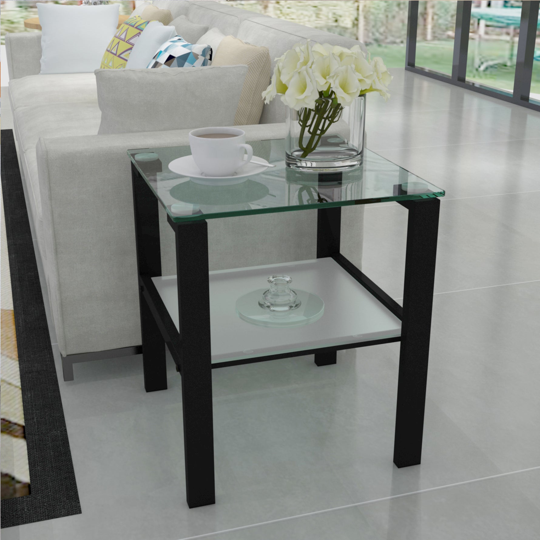 Table d'appoint en verre à deux couches, petite table ronde pour salon ou chambre, table d'angle noire, marque eprolo