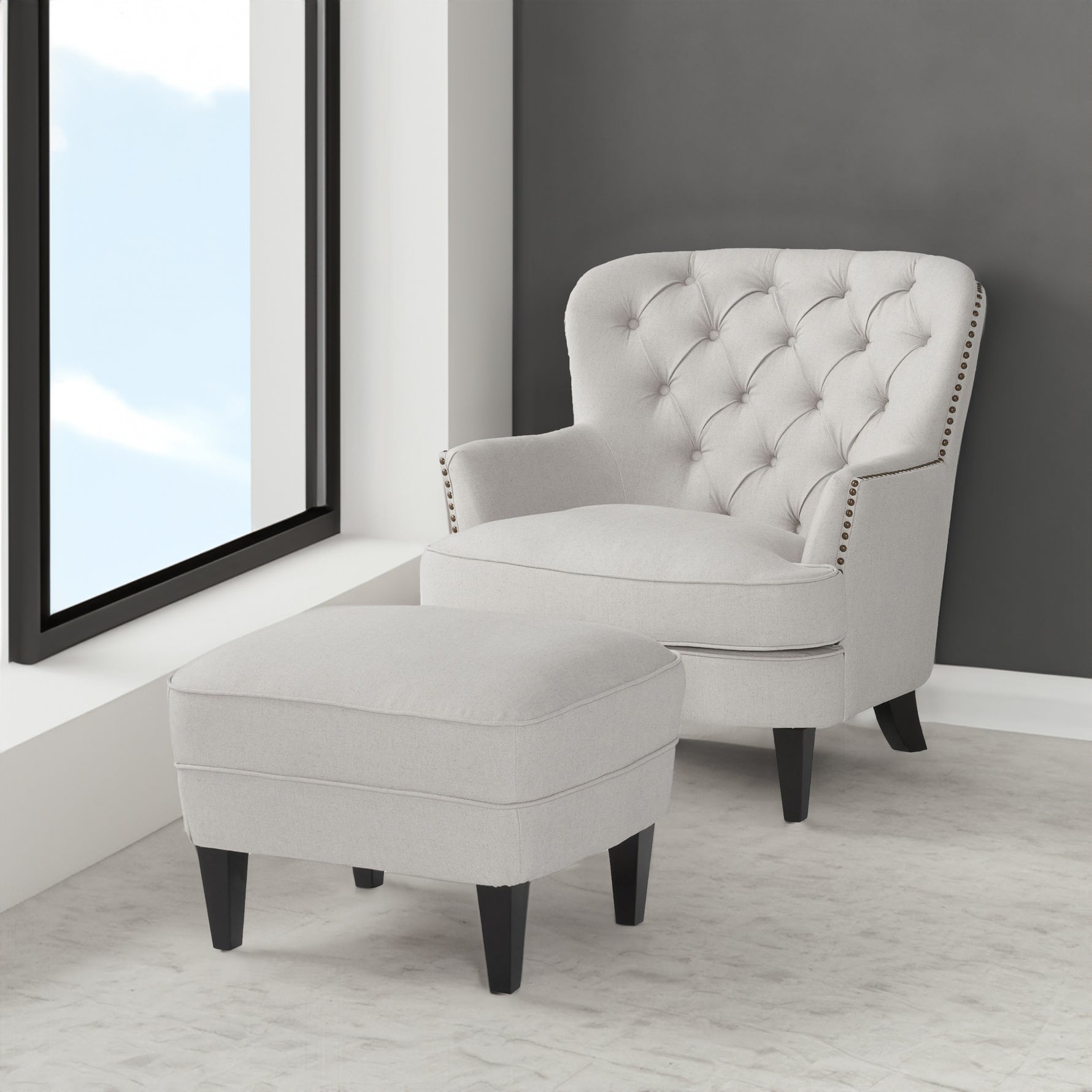 Chaise de club moderne gris clair en tissu avec ottoman assorti, fauteuil confortable avec coussins, style élégant eprolo