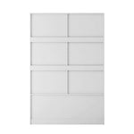Armoire blanche eprolo avec porte coulissante, étagères ouvertes, espace pour vêtements, barre de suspension et tiroirs.