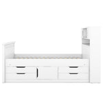 Cadre de lit plateforme twin eprolo blanc avec rangements, étagères, bibliothèques et quatre tiroirs visibles.