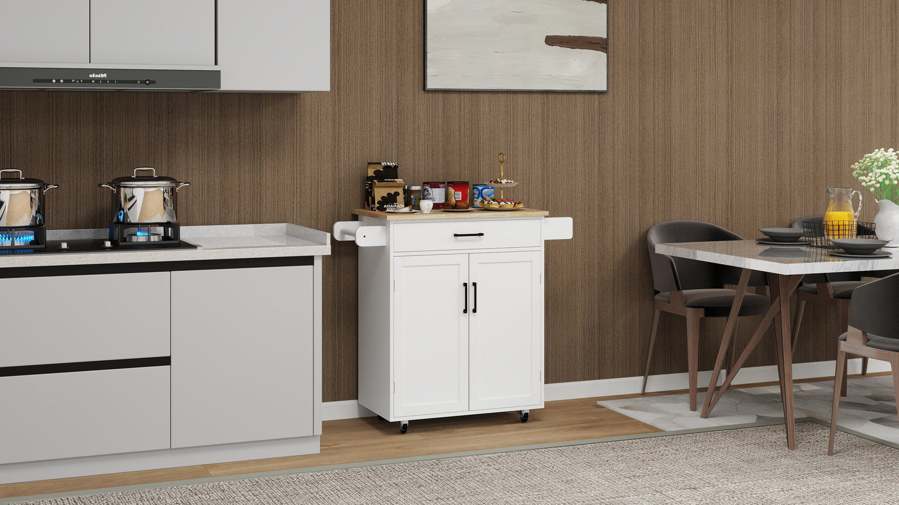 Mobilier d'entrée eprolo, îlot de cuisine roulant avec tiroir, portes, étagères ajustables et porte-serviettes, design pratique.