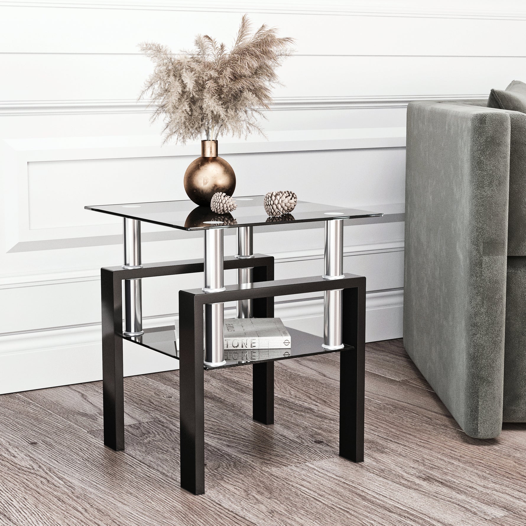 Table d'appoint en verre trempé noir, moderne et carrée, idéale pour le salon, par eprolo.