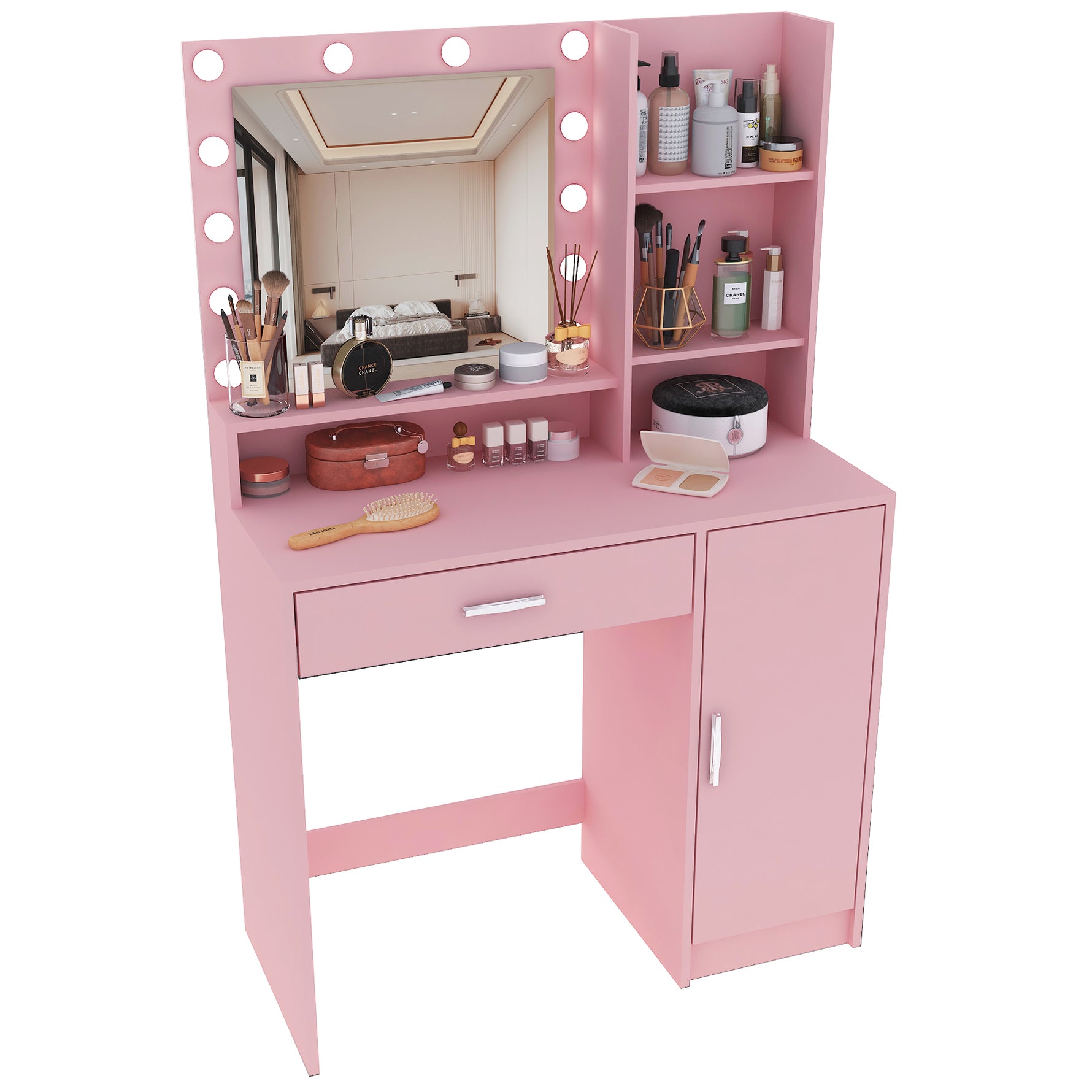 Bureau de maquillage eprolo avec miroir intégré et éclairage LED, surface élégante pour routine beauté et maquillage.