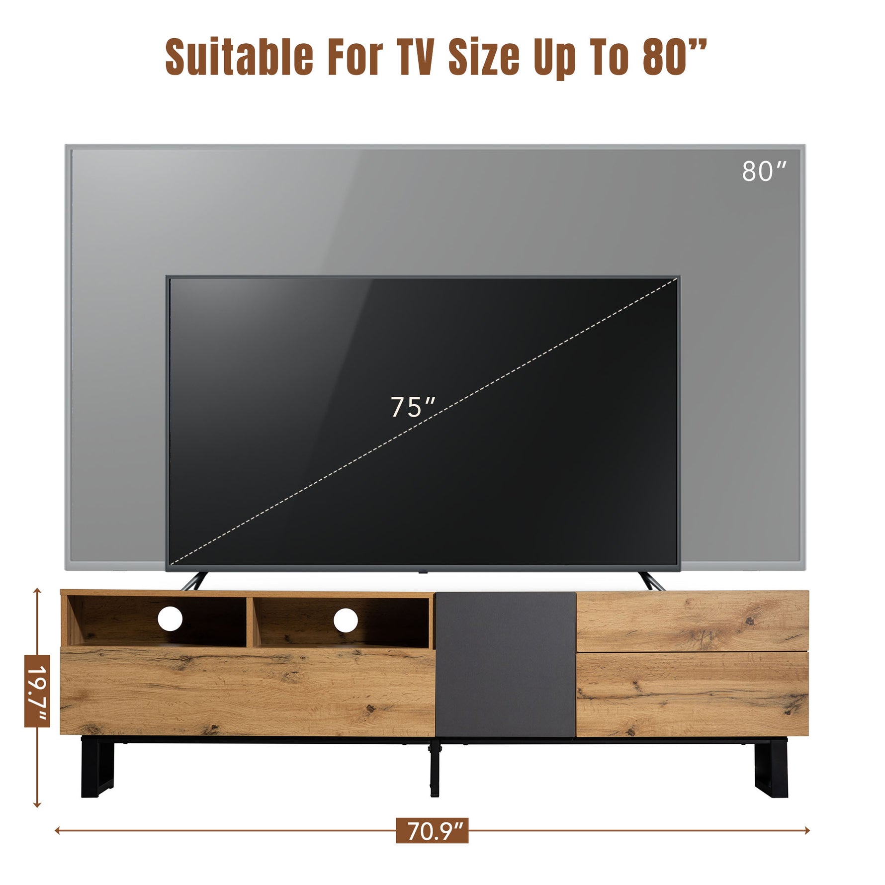 Meuble TV moderne pour téléviseur 80'' avec double espace de rangement, conçu par eprolo, en bois élégante et pratique.