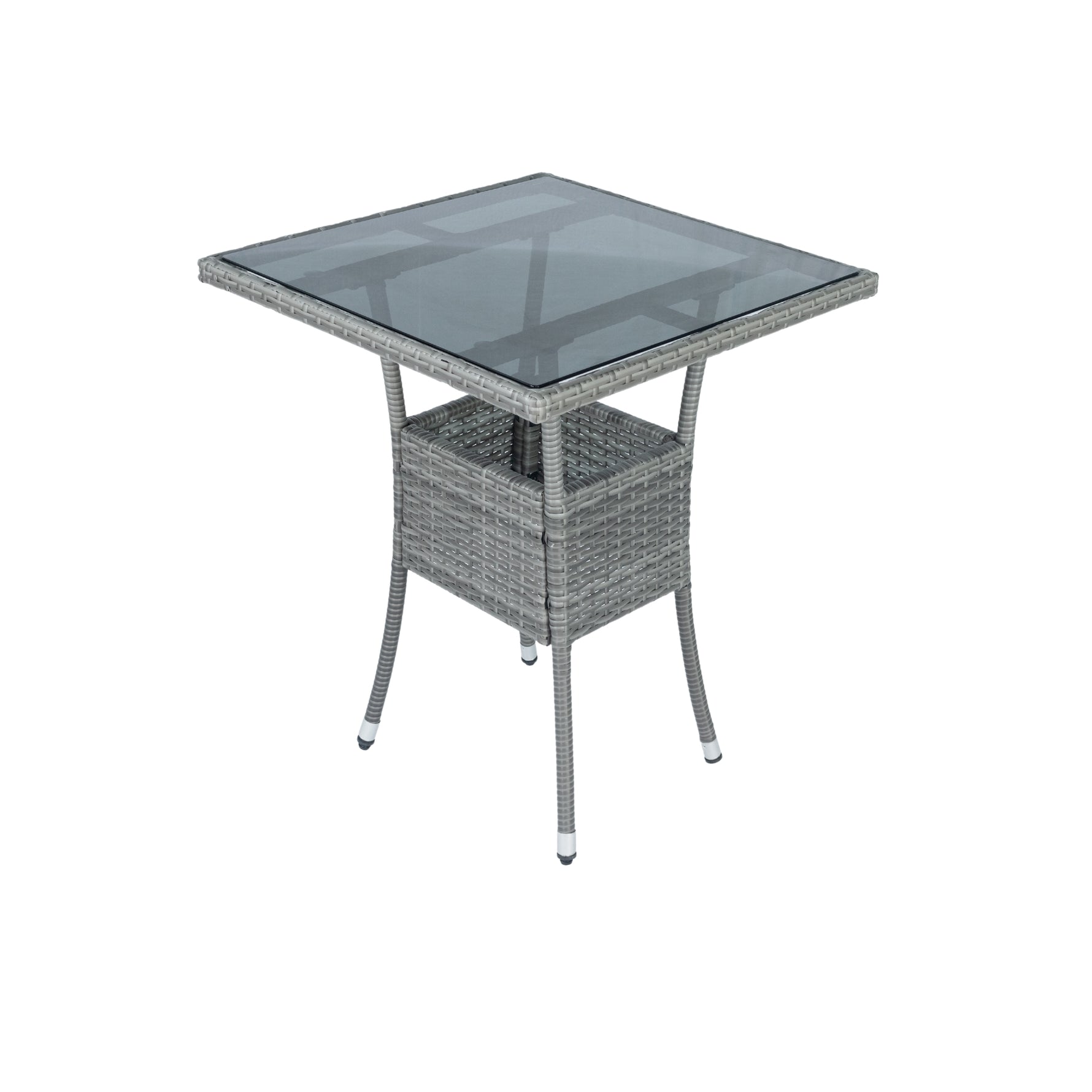 Ensemble de conversation en rotin gris avec trois pièces, comprenant des coussins blancs, de la marque eprolo.