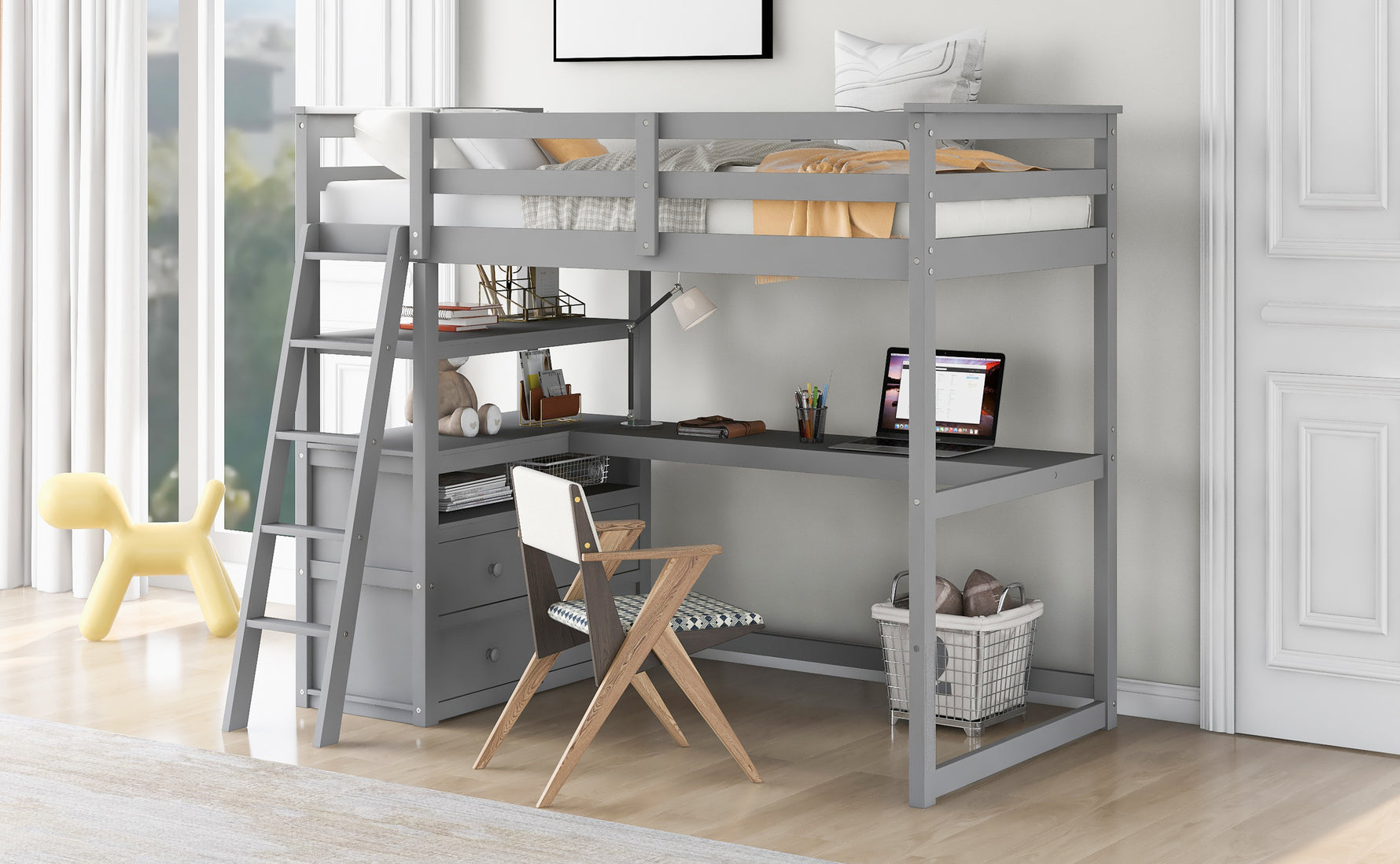 Lit mezzanine twin avec bureau, étagères, deux tiroirs intégrés, structure grise, par eprolo, idéal pour chambre d'enfant ou ado.