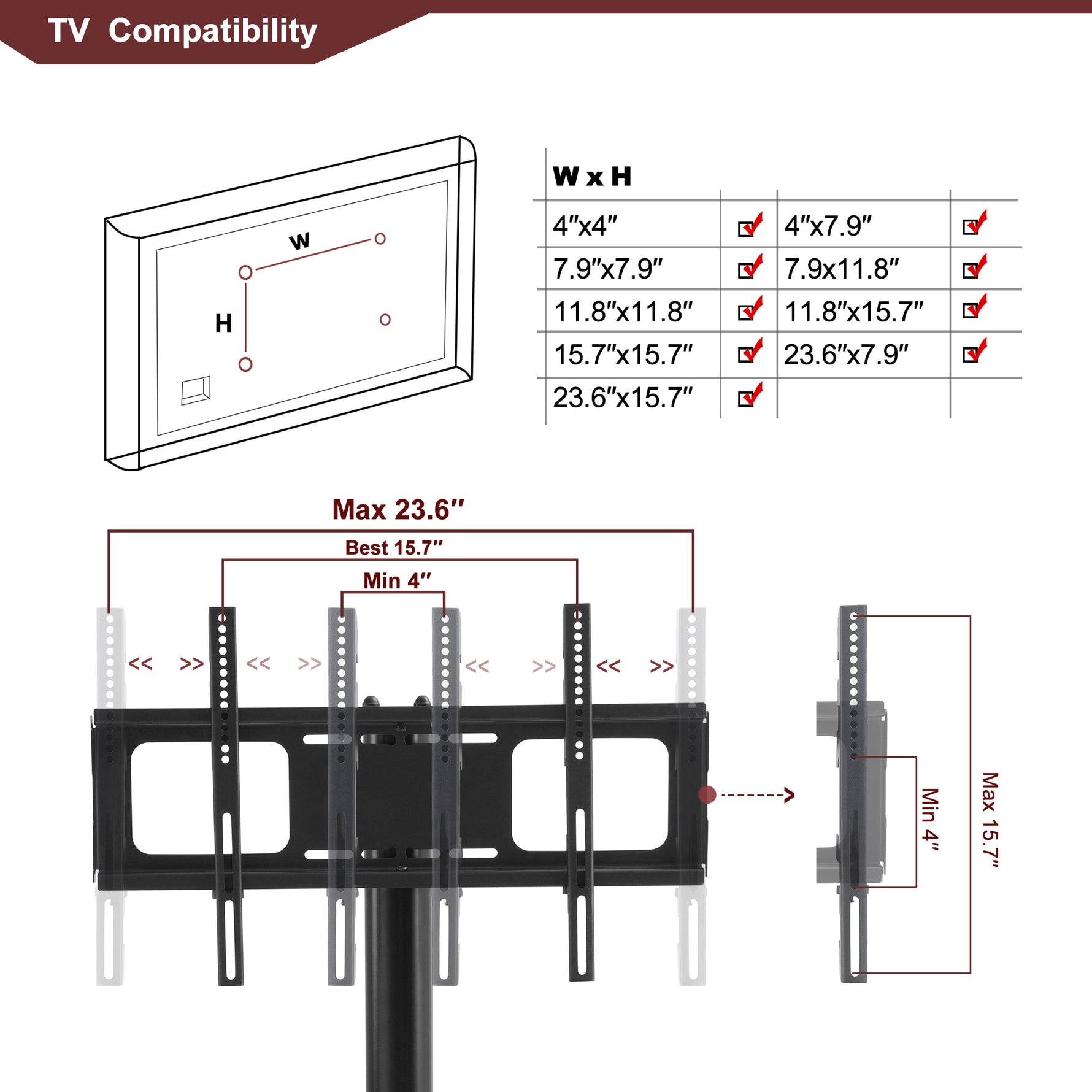 Support TV noir multifonctionnel de 90 cm, réglable en hauteur, pivotant, avec étagères en bois pour écran plat eprolo