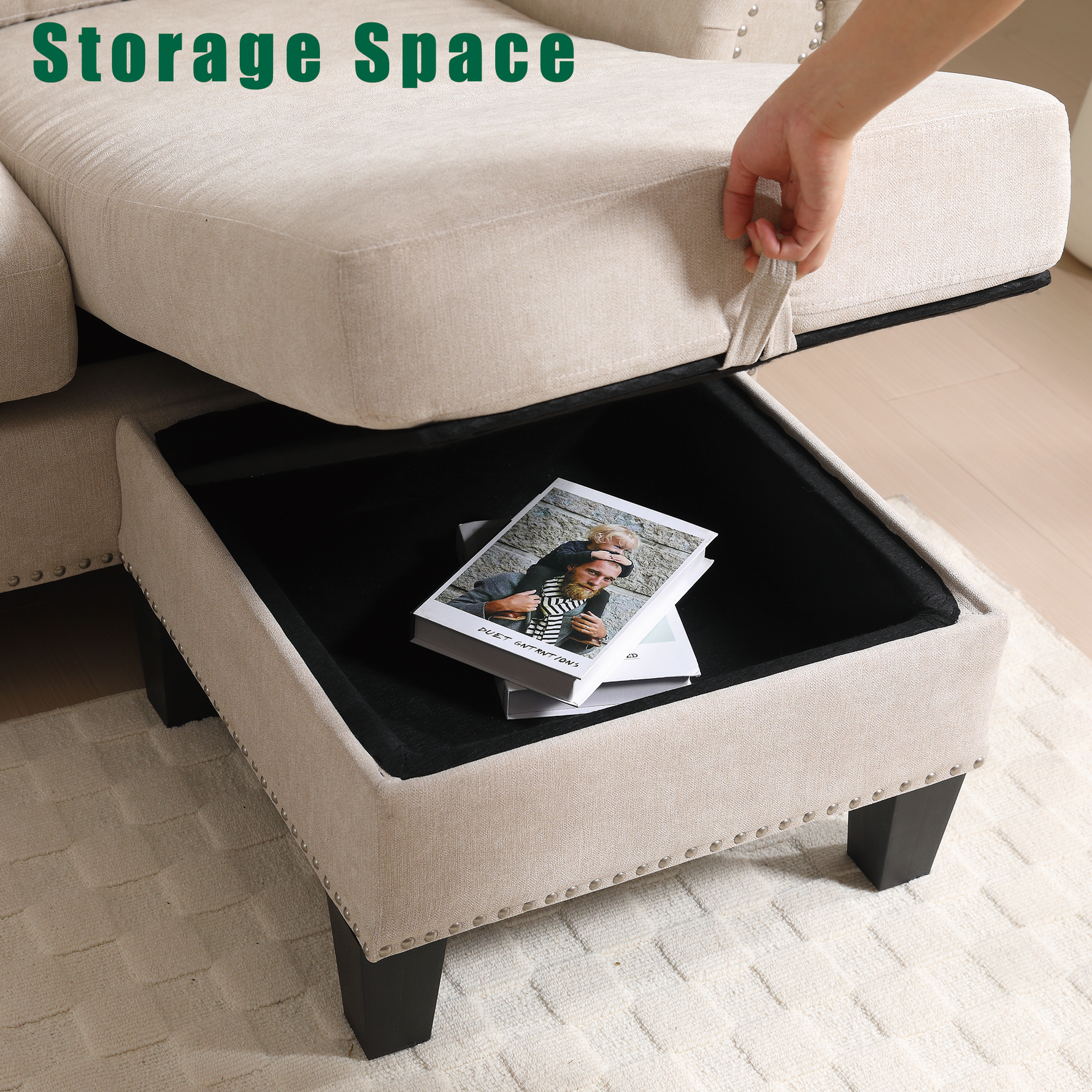 Canapé d'angle convertible en tissu lin beige avec rangement, sofa quatre places moderne, marque eprolo