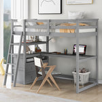 Lit mezzanine double avec bureau, étagères et tiroirs intégrés en gris, par eprolo, vue de côté avec espace de rangement et espace de travail
