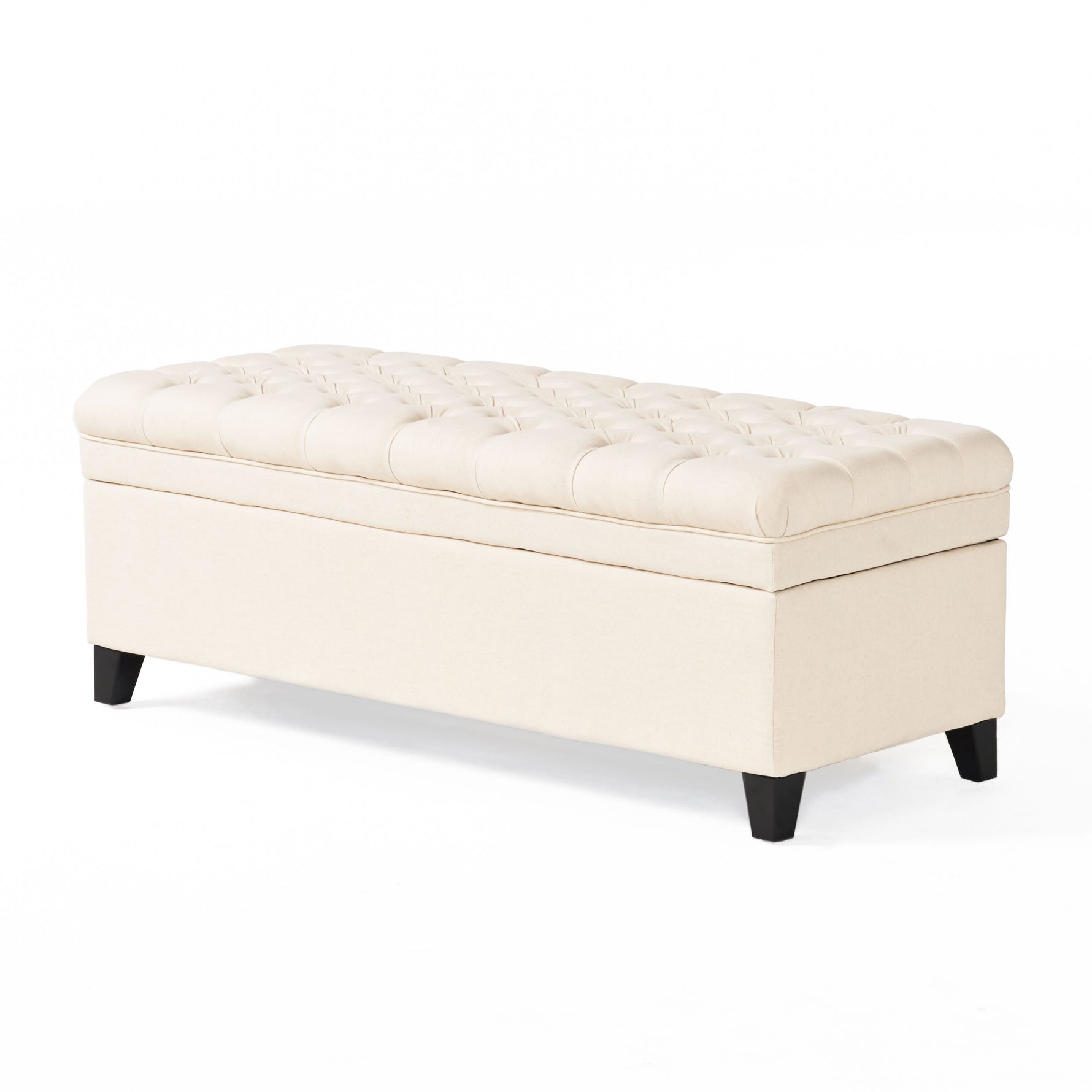 Pouf de rangement Juliana d'eprolo, ottoman élégant avec espace de stockage, tissu beige clair, visible dans l'image.