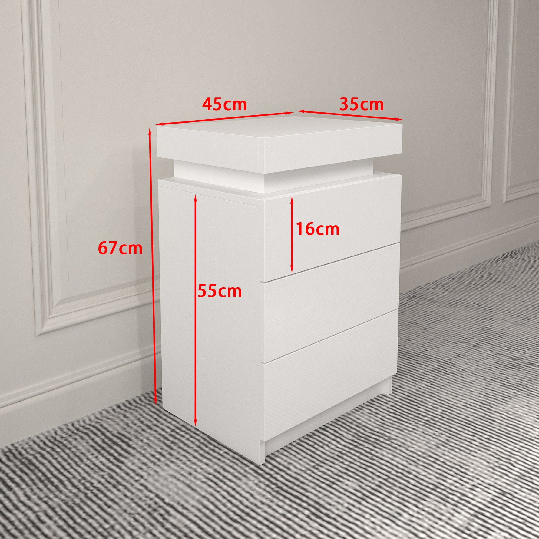 Table de chevet LED blanche eprolo avec lumière intégrée, moderne et élégante pour chambre à coucher.