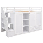 Lits mezzanine fonctionnel blanc eprolo avec 3 étagères, 2 armoires, 2 tiroirs et échelle avec rangement, sans sommier.