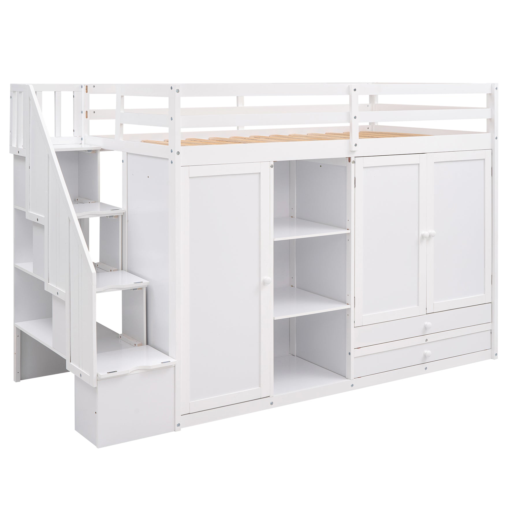 Lits mezzanine fonctionnel blanc eprolo avec 3 étagères, 2 armoires, 2 tiroirs et échelle avec rangement, sans sommier.