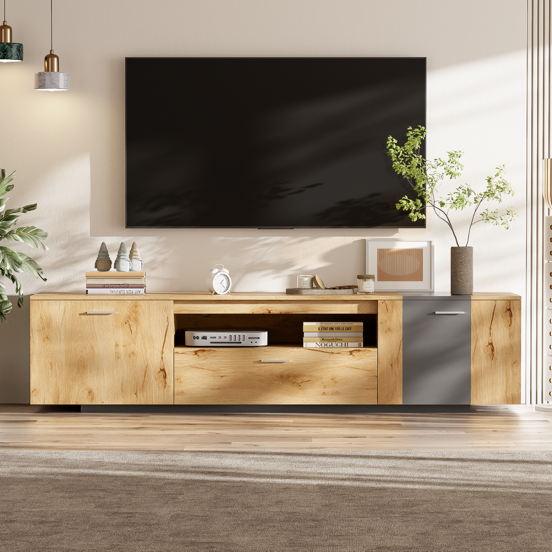 Support TV moderne de 70 pouces de la marque eprolo, avec espace de rangement en bois clair et design contemporain.