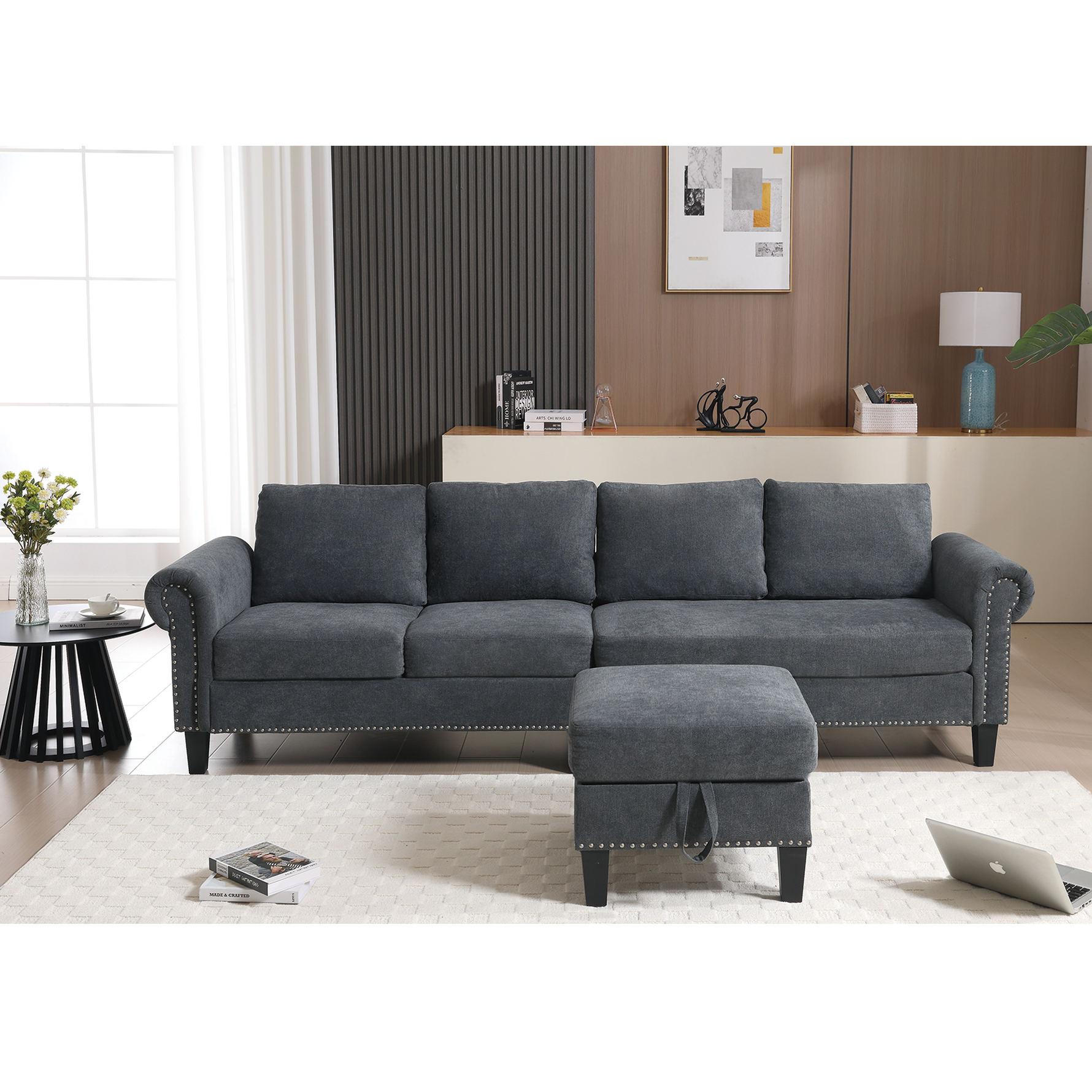 Canapé sectionnel convertible avec rangement eprolo, montrant ses sections modulables et espace de stockage intégré.