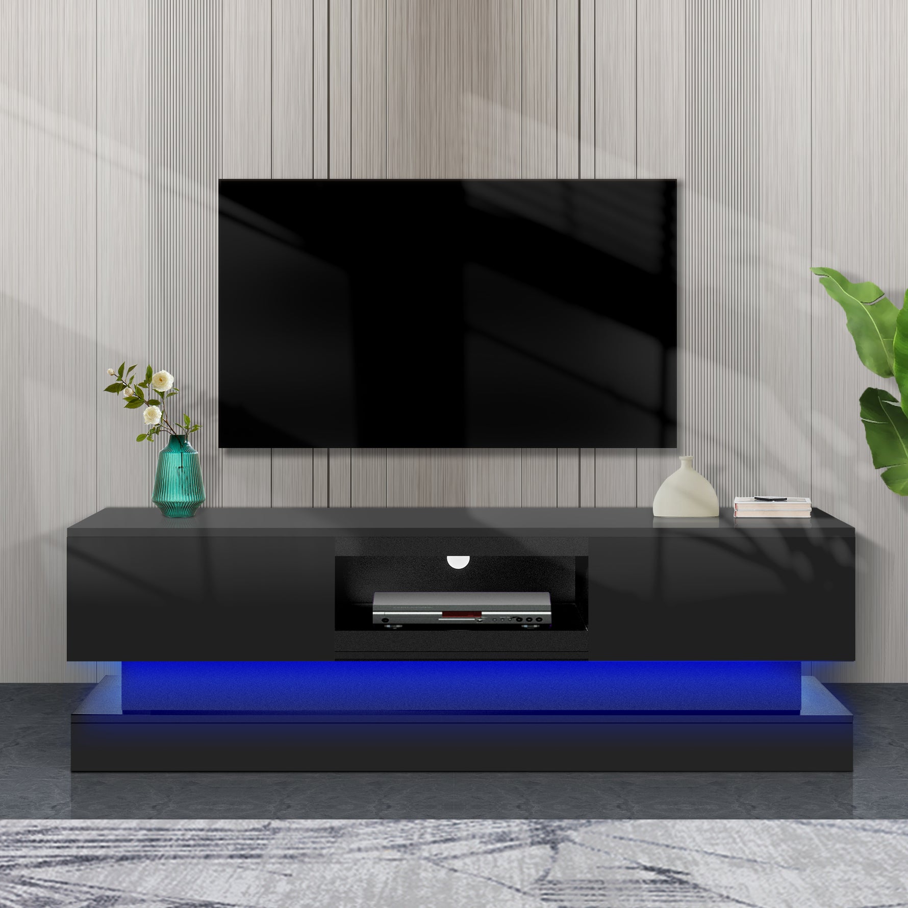 Meuble TV moderne noir de 131 cm avec éclairage LED, finition laquée brillante, par eprolo, pour salon élégant.