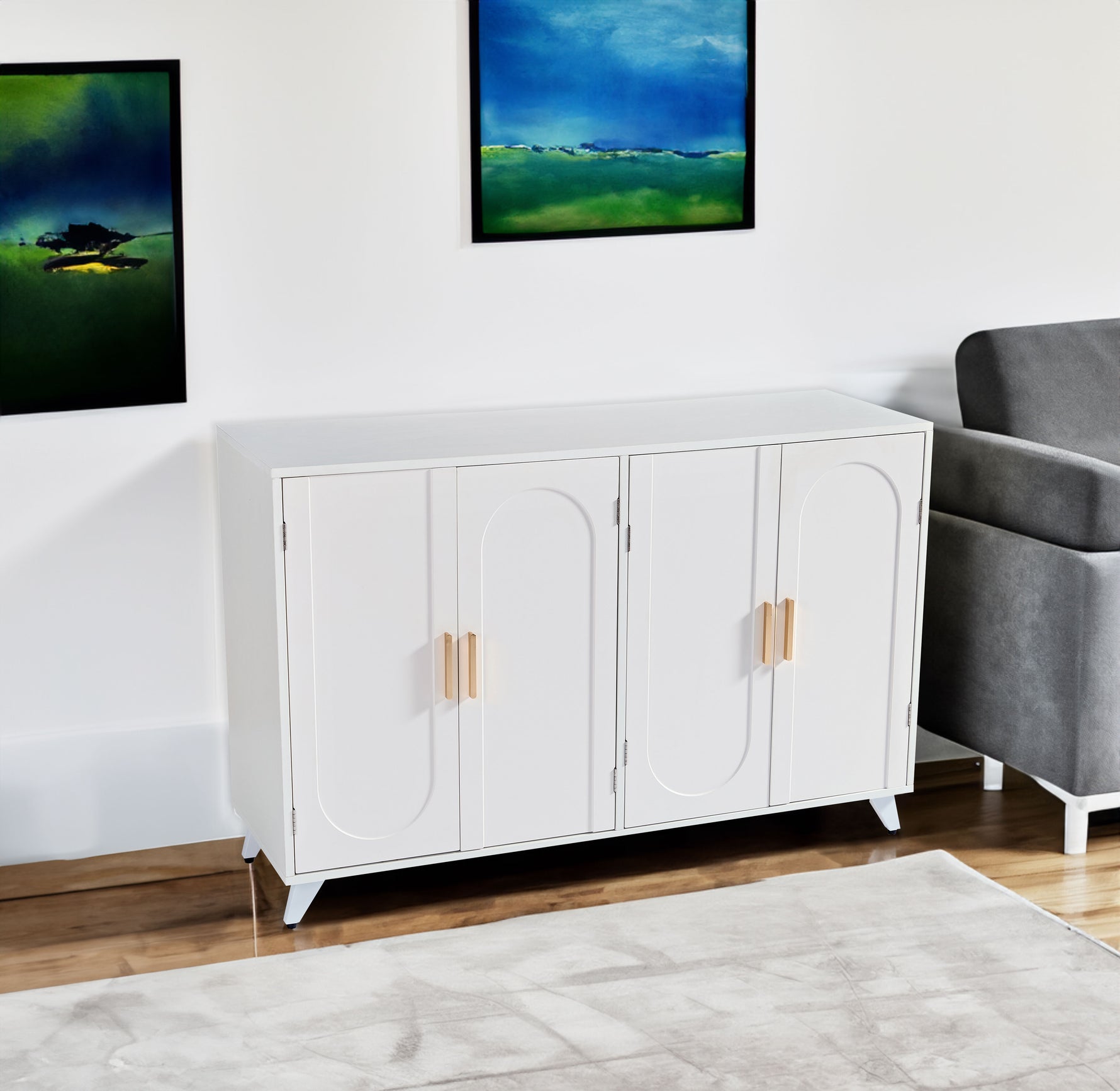 Bahut buffet en ivoire blanc avec 4 portes et étagères amovibles, meuble de rangement pour salon ou salle à manger.