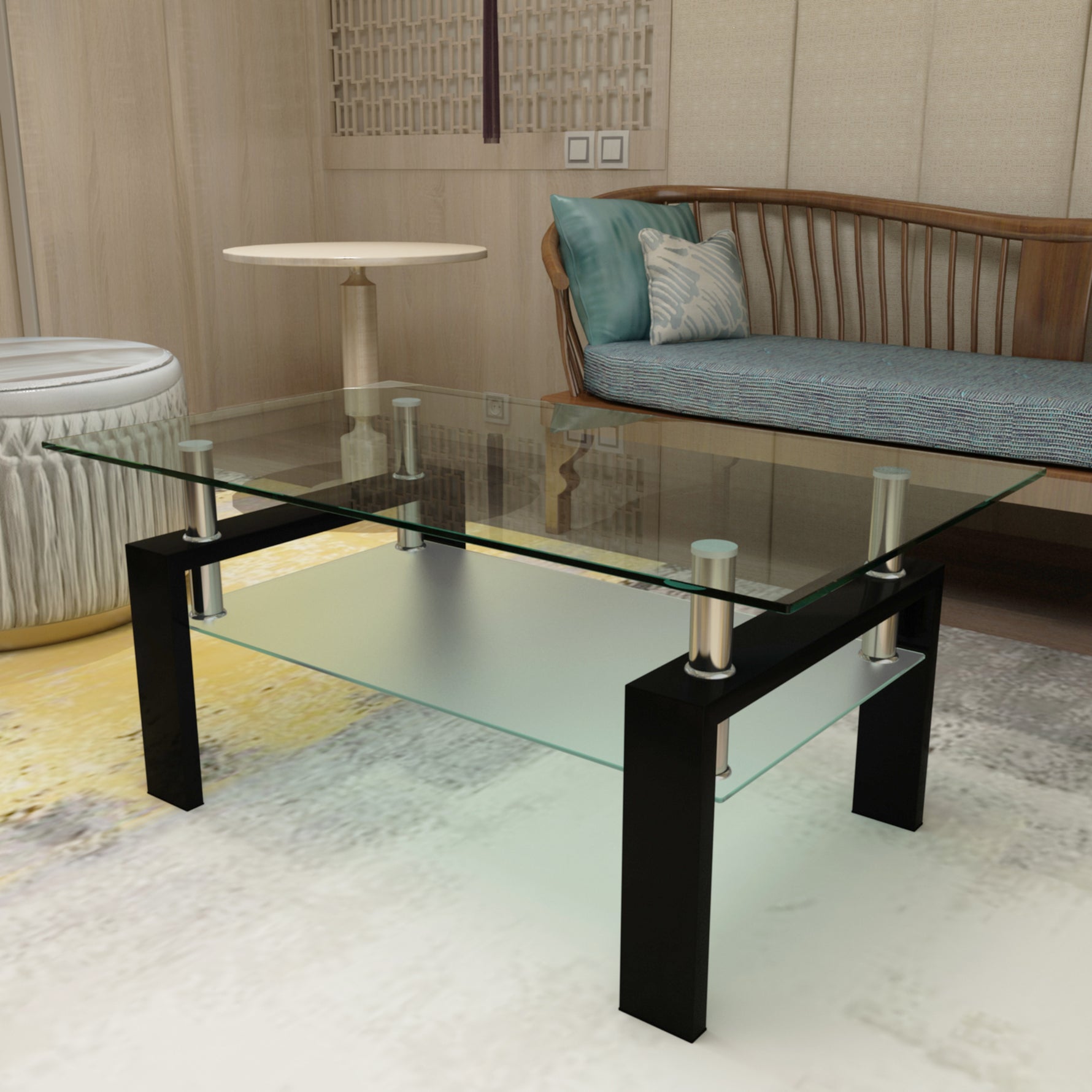 Table basse rectangulaire en verre noir de style moderne, avec surface claire, meuble de salon de la marque eprolo.