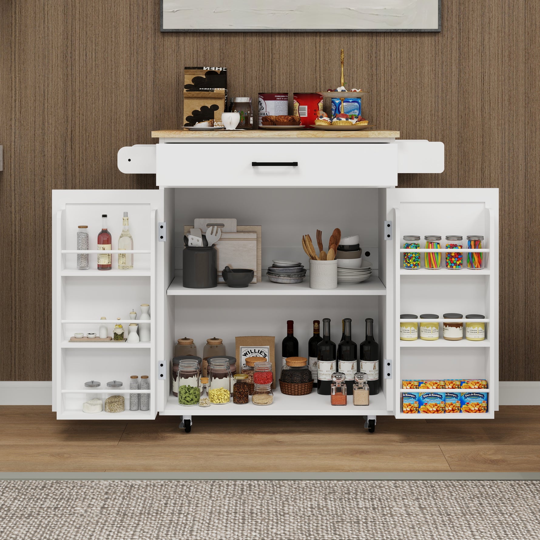 Mobilier d'entrée eprolo, îlot de cuisine roulant avec tiroir, portes, étagères ajustables et porte-serviettes.