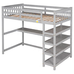 Lits en mezzanine double avec rangements, étagères et bureau sous le lit gris, marque eprolo, vue de face.
