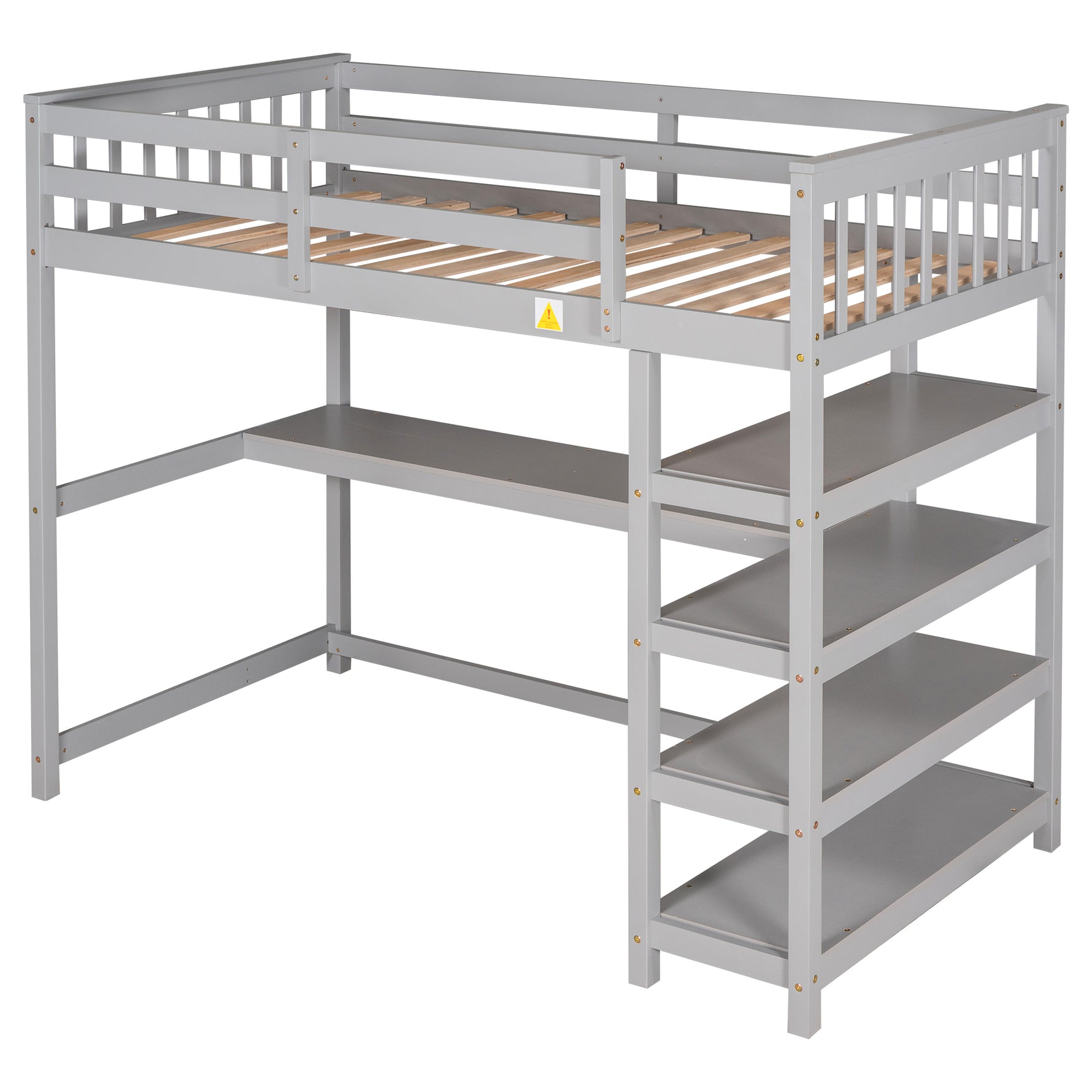 Lits en mezzanine double avec rangements, étagères et bureau sous le lit gris, marque eprolo, vue de face.