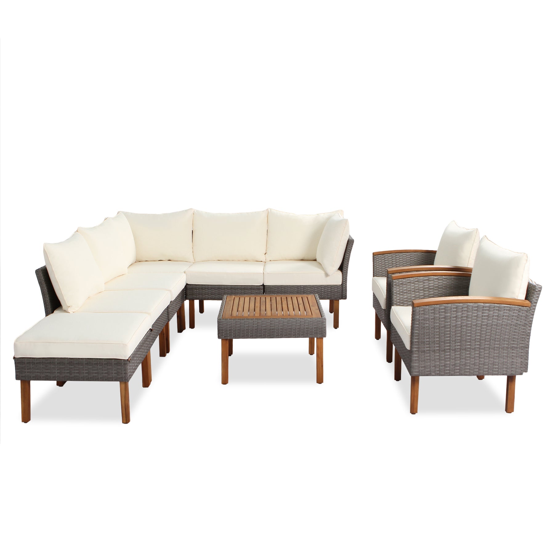 Ensemble de mobilier de patio en rotin eprolo avec table en acacia, canapé avec coussins beiges lavables et table basse.