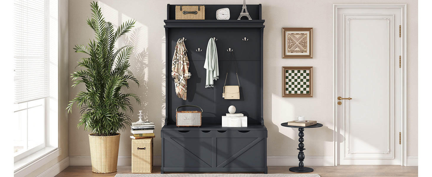 Armoire d'entrée eprolo avec bureau de rangement, 5 crochets, tiroirs et étagère en bois foncé.