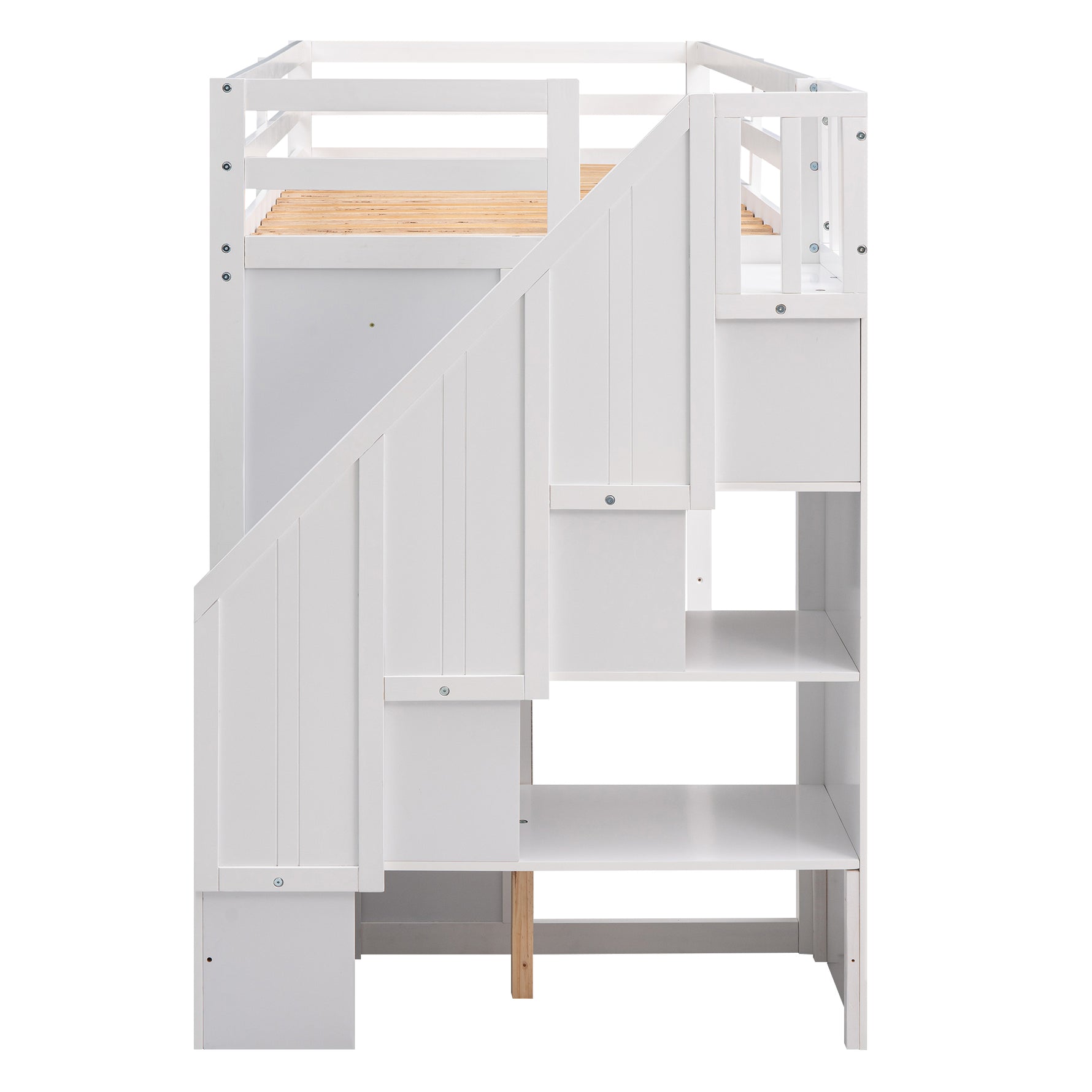 Lit mezzanine fonctionnel blanc eprolo avec 3 étagères, 2 armoires, 2 tiroirs, échelle de rangement, sans sommier.